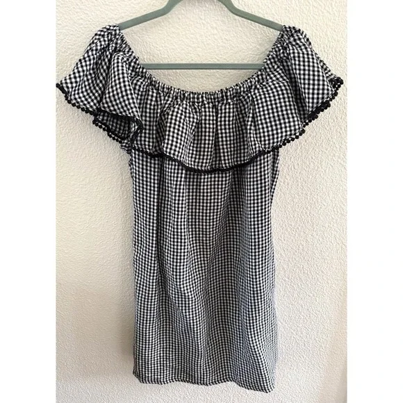 Tommy Bahama Gingham Linen Pompom Off The Shoulder Dress Pockets Vacation Sz L - Picture 4 of 9